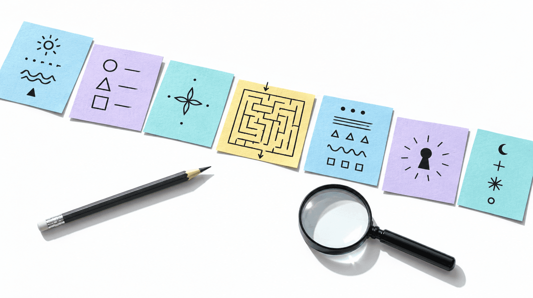 Pastel paper clue cards aligned around a tiny maze, with a pencil and magnifying glass